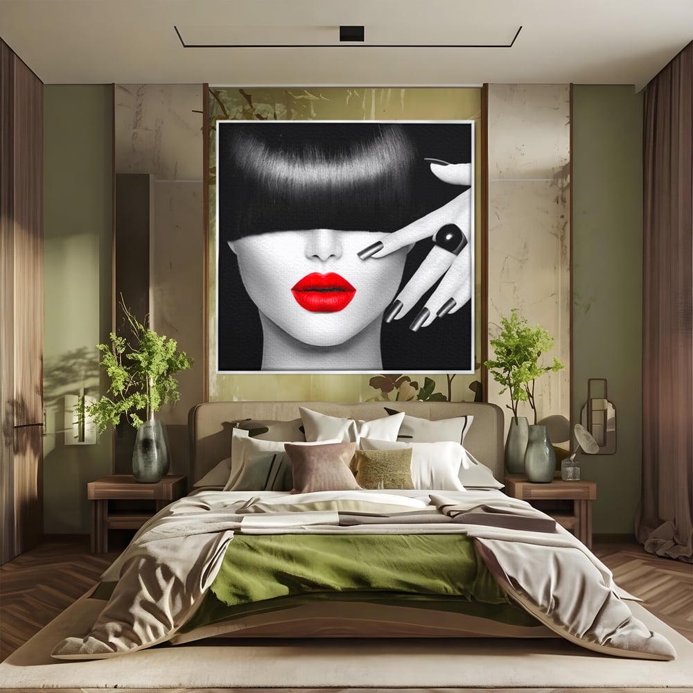 Tablou canvas cu tablou canvas cu femeie si buze rosii, in rama de aluminiu argintiu, pe perete intr-un dormitor